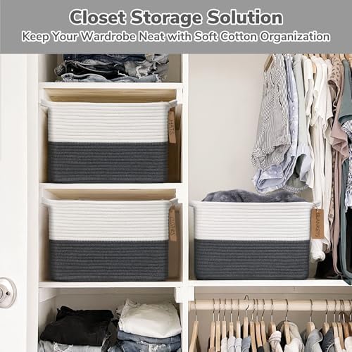 Goodpick Woven Rope Storage Basket for Shelves, Rectangle, Dark Gray - Image 6