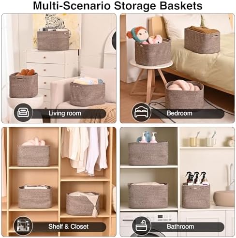 ICERZCZ Storage Baskets for Organizing Shelves, Woven Cotton Rope Bins for Baby Nursery Organization, Book Toy Towel Organizer, 15"x11"x9.5", 3 Packs, Dark Brown - Image 5