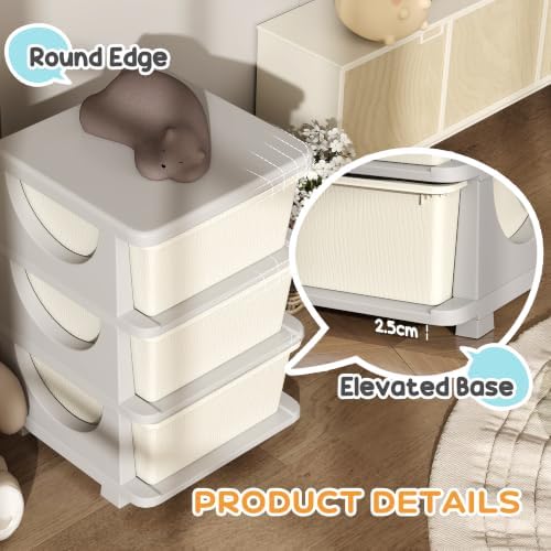 Qaba 3 Drawers Kids Storage Unit 3 Tier Toy Organizers Cream White - Image 5