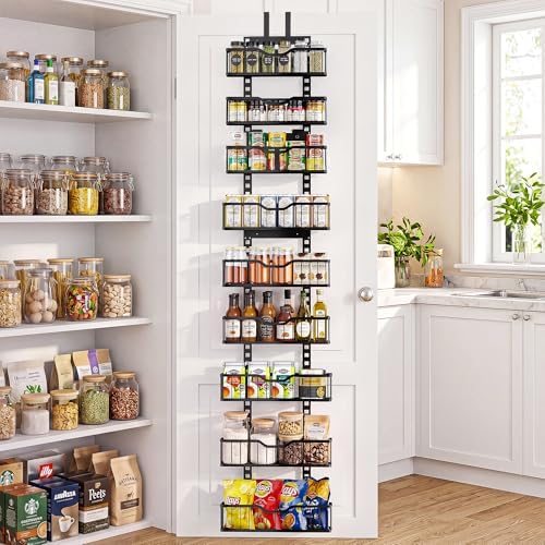 EVERIE Over the Door Pantry Organizer, 9-Tier Heavy Duty Door Storage Rack with Solid Bottom Baskets, Stable No-Bumping Design, Adjustable Hanging Shelves for Kitchen Pantry by EVERIE