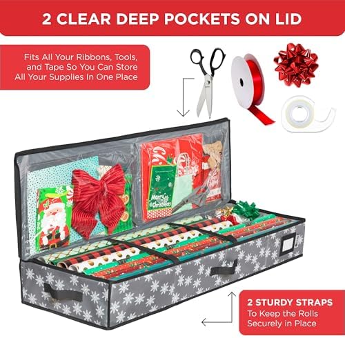 HOLDN’ STORAGE Premium Wrapping Paper Storage Container, Grey w/Snowflakes - Image 4