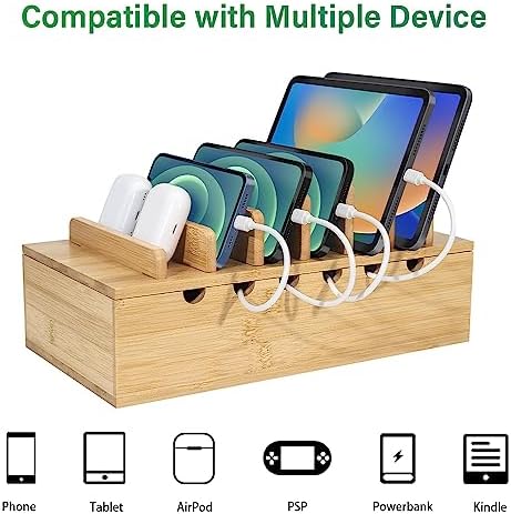 Bamboo Charging Station for Multiple Devices, Desk Docking Stations Organizer Compatible with iPhone Devices, Wood Charging Cell Phone Holder Stand (Includes 6 Cables) (NO Power Supply) - Image 4