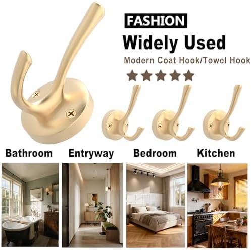 TOFIIGREM Gold Wall Hooks, 5 Pack Coat Robe Hook Heavy Duty Metal Double Bath Hook Wall Mounted, Hand Towel Hooks for Cubicle Bathroom Kitchen Closet Garage - Image 2