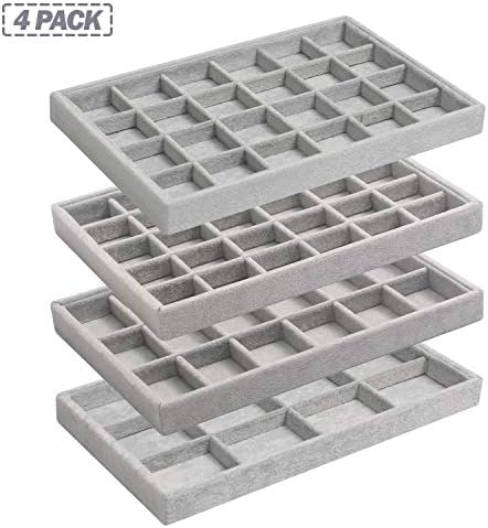 DIOMMELL Set of 4 Stackable Velvet Jewelry Trays Organizer, Jewelry Display Storage Box Showcase Holder Dresser Drawer Organizer for Earring Necklace Bracelet Ring Accessary, Grey - Image 7
