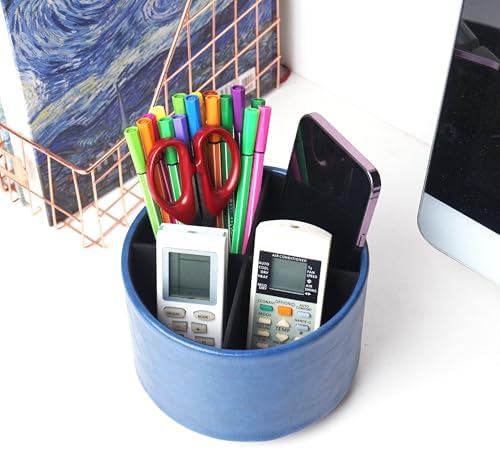 Round Leather Art Supply Organizer,Remote Control Holder,360 Degree Spinning,Multi-Functional Pencil Holder,4 Compartments Desktop Stationary Organizer(1-Oil Blue2) - Image 6