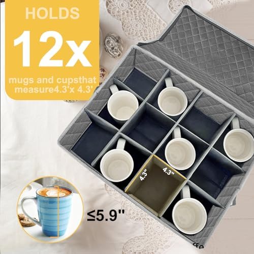 Coffee Mug Storage Box with Dividers, Durable China Storage Containers for Coffee Mugs, Tea Cups Storage Organizer with Lid, Handles, Label Window, Holds 12 Mugs, Hard Shell and Stackable (Grey) - Image 3