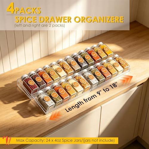 4 Pack Spice Drawer Organizer, Acrylic Spice Rack Expandable 9" to 18" - Image 3