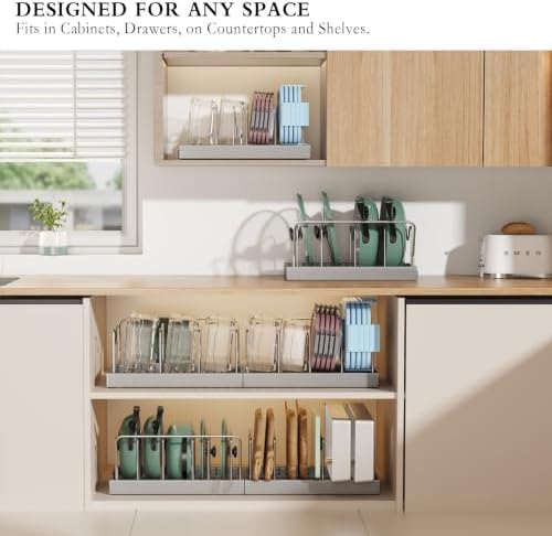CICUFY 4 Pack Pots and Pans Organizer Under Cabinet, 12"-23" Pot Lid Holder Rack Inside Cabinet with 10 Adjustable Dividers, Pan Lid Organizer with Guardrail For Kitchen Countertop, Gray - Image 6
