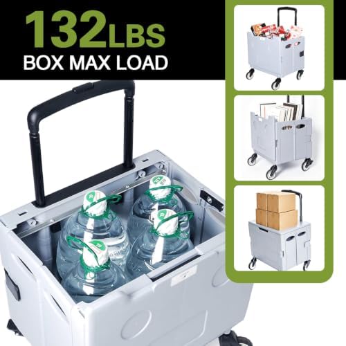 Collapsible Rolling Crate, Folding Utility Cart with 2 Lockable 360° Swivel Wheels & Lid, Portable Shopping Trolley for Grocery, Camping, Teacher, Office - Image 3