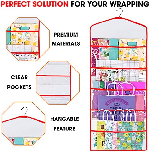 Gift Bag and Tissue Paper Storage, Hanging Organizer with Multiple Front and Back Pockets Double Sided, Organize Gift Wrap and Paper Bags 38 x 16 Inch (Red) - Image 4