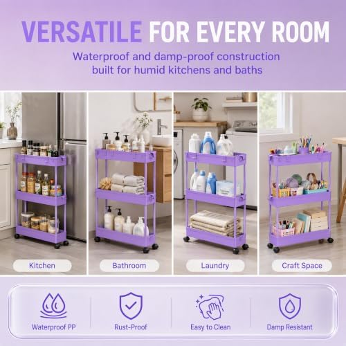 SPACELEAD Slim Storage Cart 3 Tier,Bathroom Organizer Rolling Utility,Mobile Shelving Unit Slide Out for Office, Kitchen, Laundry Room & Narrow Places,Purple - Image 5