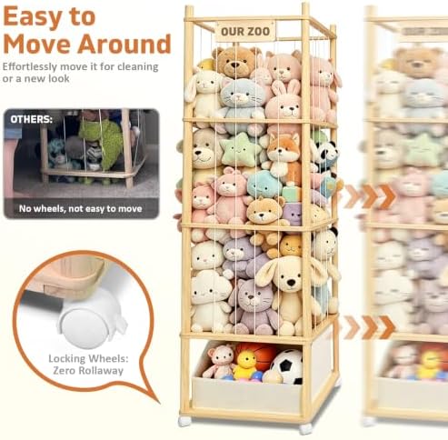 Large Stuffed Animal Storage with Toys Tray, Wood Stuffed Animal Zoo Storage with Brake Wheels, Large Capacity Stuffed Animal Holder, Perfect for Nursery Playroom Kidroom Bedroom - Image 6