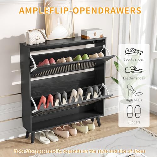 Fsbecl Shoe Storage Cabinet for Entryway with 2 Fluted Flip Drawers, Black - Image 5