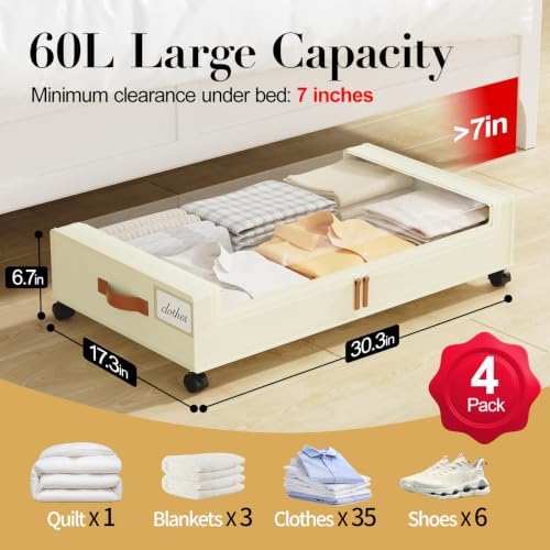 Yecaye 60L Under Bed Storage with Wheels, 4 Pack, Beige - Image 2