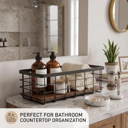 Small Black Metal Wire Storage Basket with Wood Base (Black+Brown, 1 Pack) - Image 5