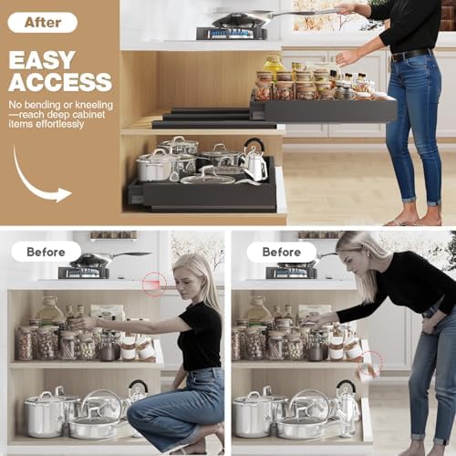 Seinloes Pull Out Cabinet Organizer, 4-Side Expandable to Fit Most Cabinets, 3 Rail Slide Out Drawers with Raising Pad for Framed & Frameless Cabinets, 15"-25" W x 17"-24" D, Black, 2 Pack - Image 5