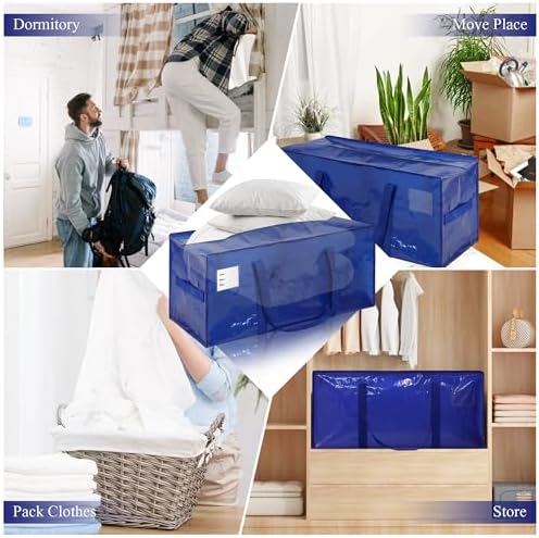6 Pack Heavy Duty Extra Large Moving Bags with Handles, Waterproof Foldable Storage Totes, Clothing Storage Bags, Packing Moving Boxes for College Supplies & Seasonal Storage, Blue - Image 4