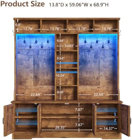 CSZZD Large Hall Tree with Bench and Shoe Storage, Coat Rack with LED Light - Image 4