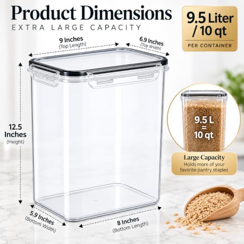 DWËLLZA KITCHEN Extra Large Flour and Sugar Storage Containers 9.5L Set of 2 Plastic Bulk Airtight Food Storage with Lids for Rice, Cereal, Pasta or Brown Sugar with Marker, Labels & Measuring Cups - Image 6