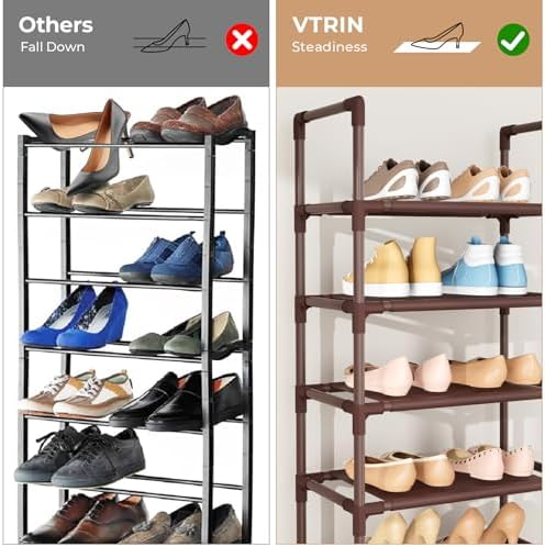 VTRIN 10 Tiers Tall Shoe Rack Holds 20-25 Pairs of Shoes Sturdy Vertical Shoe Organizer with 18pcs Hooks Stackable Narrow Shoe Rack for Closet, Entryway Brown - Image 6