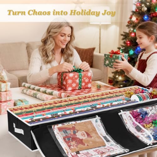 Criusia Gift Wrapping Paper Organizer Storage, Durable Underbed Storage Container Fits 24 Rolls, with Removable Dividers and Pockets for Ribbon, Ornaments, Holiday Accessories, Black - Image 3