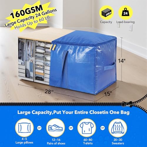 Full Open Moving Bags,25 Gallon Storage Tote 27.17 x 14.17 x 14.16 in, 100% New PE Waterproof Heavy Duty Organizer for College Dorm, Seasonal Clothes & Bedding (Blue,6Pcs) - Image 2