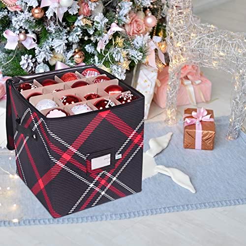 Christmas Ornament Storage Box | 4 Individual Trays with Dividers | Holiday Organizer Container | Fits 64 Ornaments Decoration Balls Holder | Strong Oxford Material (Plaid) - Image 6