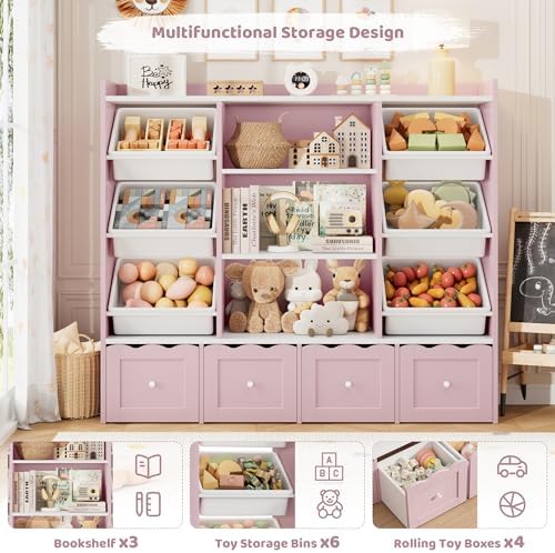 HITHOS 55" W Kids Toy Storage Organizer with 10 Toy Box & Book Shelf, Pink - Image 6