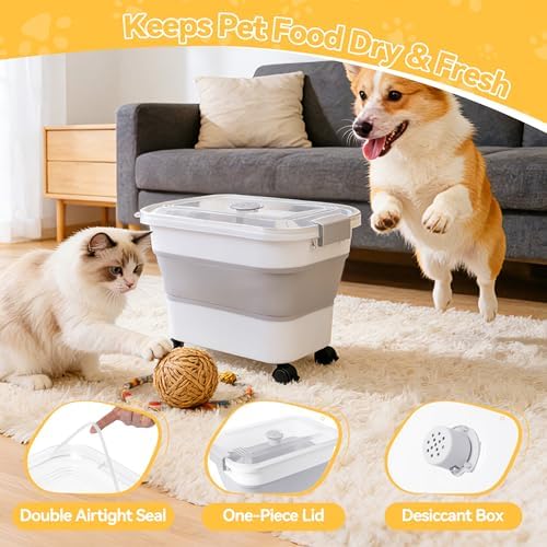 Dog Food Storage Container 25-30lbs, Airtight Pet Food Bin with Transparent Lid, Collapsible Design with Rolling Wheels & Scoop, Space-Saving, Light Gray - Image 2