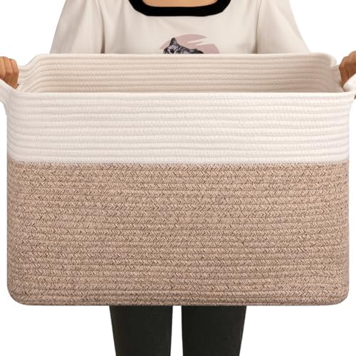 OIAHOMY Large Blanket Basket, 65L Cotton Rope Woven Laundry Basket, Toy Bin for Baby Room, Container for Blanket Storage in Living Room, 20''×16''×12'', Brown & White by MasterofSpaceOptimization
