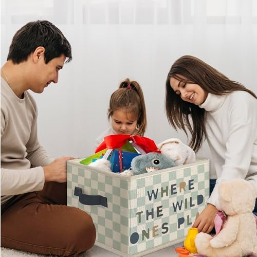 Boho Playroom Foldable Storage Bins Box with Handles, Retro Blue Checkered Collapsible Toys Books Clothes Organizer Basket for Kids Nursery Room Classroom Playroom Bedroom Bathroom - Image 4