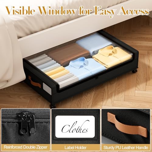 Yecaye 60L Under Bed Storage with Wheels, 2 Pack, Black - Image 5