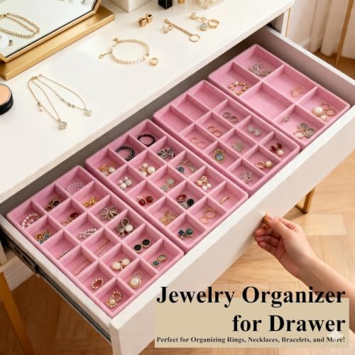 24 Pack Velvet Jewelry Trays Stackable Jewelry Organizer Trays Drawer Inserts Divided Storage Containers for Rings Earrings Jewelry Display (Pink) - Image 6