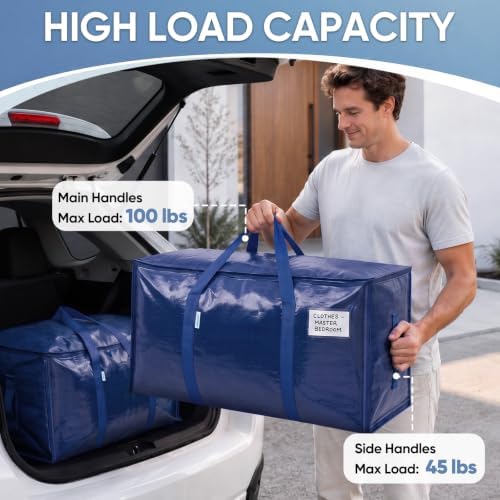TICONN 2 Pack Extra Large Moving Bags Heavy Duty with Zippers & Carrying Handles, Durable Storage Bags Moving Boxes for Closet Organizers and Storage (2 Pack, Navy) - Image 2