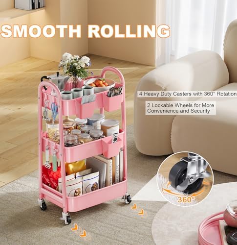 3 Tier Rolling Storage Cart Metal with Wheels,Pink Three Tiered Craft Carts - Image 6