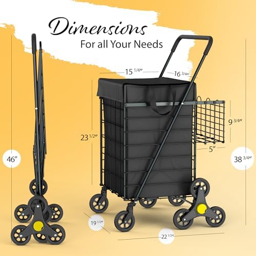 Our Modern Space Stairs Climbing Shopping Cart w/Waterproof Basket Liner & 360° Swivel Wheels | Foldable Collapsible & Lightweight | Perfect for Groceries Laundry Utility Cart - Black - Image 2