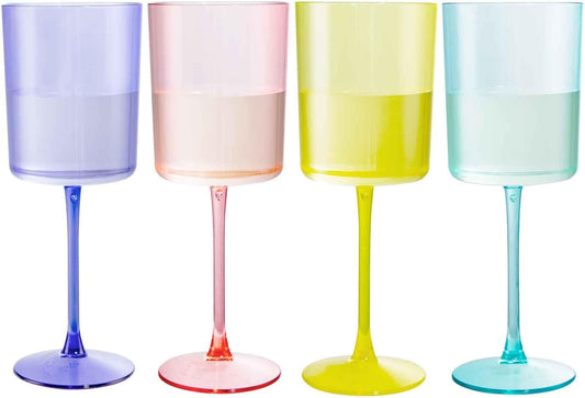 Ciaell 4 Pack Plastic Wine Glasses - 10 Oz Plastic Wine Glasses with Stem - Disposable Wine Glasses Perfect for Parties & Weddings & Poolside & Outdoors & Camping(Pink Green Purple Yellow)