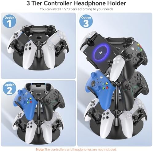 Kosker Headset Stand 3 Tiers for Desk, Rotatable Gaming Controller Stand for PS5/PS4/Xbox/Switch2/PS Portal/Phone, Universal PC Gamer Gift Accessory Controller/Headphone Holder for 9 Packs Controller - Image 2