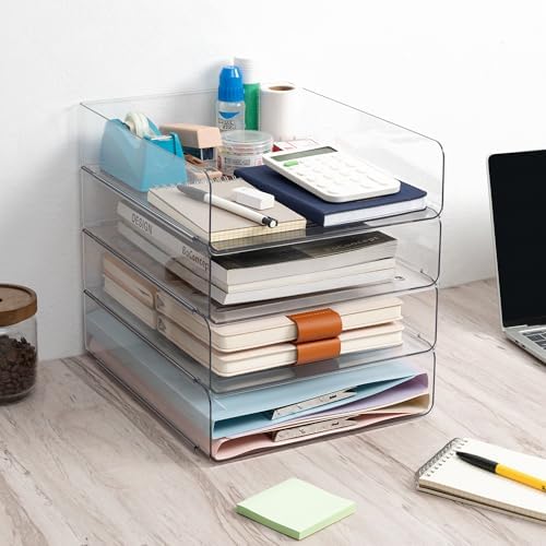 Tiawudi Desk Organizer, Clear Office Organization and Storage, Plastic Letter Tray, Stackable File Organizer for Classroom, Home, Documents, Notes, Folders, Books and Pens, 4 Tier - Image 6