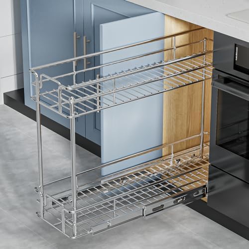 ROOMTEC Pull Out Spice Rack for Narrow Cabinet (5½" W X 21" D),2 Tier Slide Out Cabinet Organizer and Pull Out Shelves Under Cabinet Storage for Kitchen, Chrome - Image 4