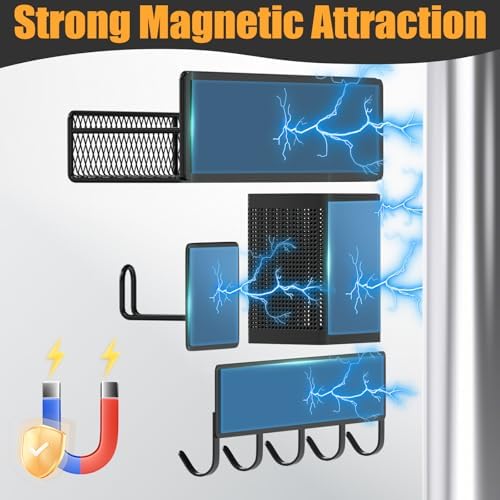 Magnetic Spice Rack for Refrigerator, 10 Pack 100% Metal Strong Magnet Shelf, Moveable Spice Organizer W/ Adjustable Paper Towel Holder, Hook Rack & Utensil Caddy, Home Kitchen Laundry Storage, Black - Image 3