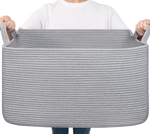 Goodpick Large Woven Rope Blanket Basket, Rectangle, Gray, 75L by Goodpick