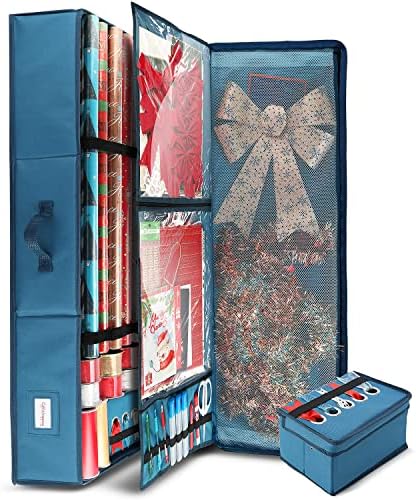 Hearth & Harbor Wrapping Paper Storage Container - Christmas Storage Bag with Ribbon Dispenser and Interior Pockets - Gift Wrap Organizer Fits Up to 26 Rolls of 40" Length, Blue - Image 5