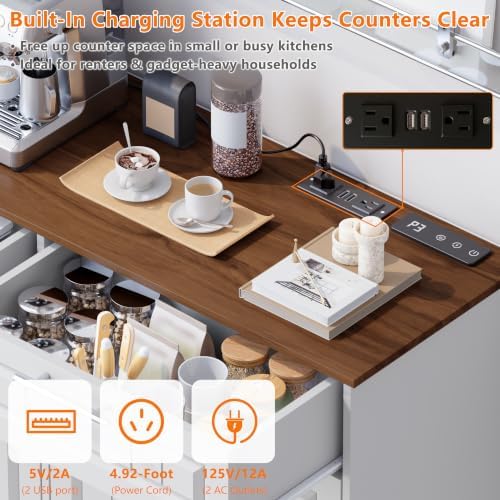 Double 10 Gallon Tilt Out Trash Can Cabinet with Deodorizing Function and Power Outlet, Wooden Hidden Garbage Can Holder with 2 Storage Drawers for Kitchen, Laundry Hamper Cabinet for Bathroom, White - Image 5