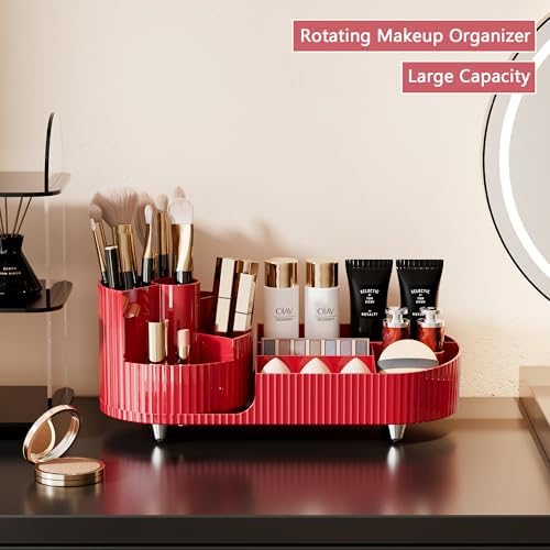 Rotating Makeup Organizer for Vanity with Brush Holder, Cosmetic Makeup Storage Organizer, Large Spinning Makeup Skincare Organizer, Countertop Makeup Perfume Organizer, Lotions Display Case Red - Image 5