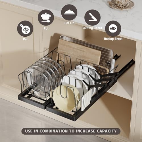 Magheo 2 Pack Pots and Pans Organizer Under Cabinet, 22" Deep Expandable Pull Out Pot Lid Organizer and Storage with 10 Adjustable Dividers No Drill Pot and Pan Holder Rack with Handle Bracket(Black) - Image 2