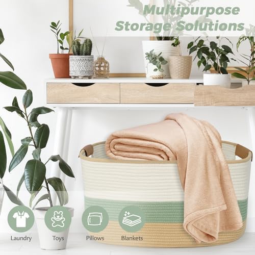 danpinera Large Woven Basket, 108L Rectangular Woven Storage Basket with Leather Handles, Stylish Organizer Bin for Home, Office, Laundry, Toys, or Blankets, 25’’*16’’*16’’ White & Green & Jute - Image 5