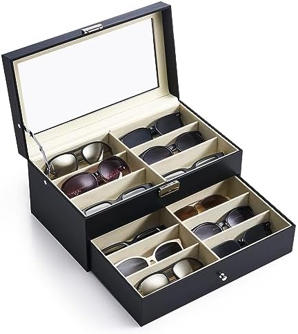 CO-Z Sunglasses Organizer with 12 Slots, Multiple Eyeglasses Eyewear Display Case for Women Men, 2 Story Leather Multi Sunglasses Jewelry Collection Holder with Drawer by CO-Z