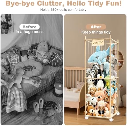 Stuffed Animal Storage, Wood Stuffed Animal Zoo Storage with Brake Wheels, Space Save Toy Organizer, Large Capacity Stuffed Animal Holder, Perfect for Nursery Playroom Kidroom Bedroom-63 Inch - Image 3