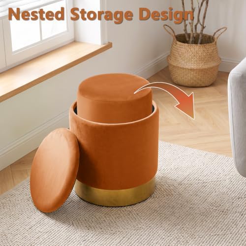Round Ottoman with Storage Set of 2, Vanity Foot Stool with Storage, Nesting Upholstered Small Ottoman Foot Rest with Gold Plating Base for Room, Bedroom, Dorm, Orange Velvet Ottomans - Image 4